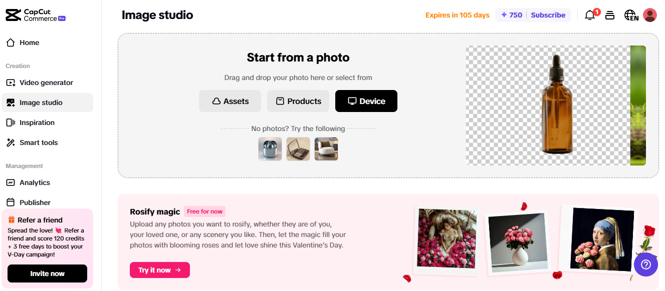 Pippit image studio featuring photo editing tools for product displays and influencer marketing campaigns.